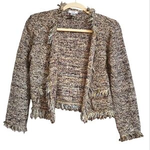 CACHE Vintage weed Open front blazer jacket. Fringe edges. Gold. Size Small